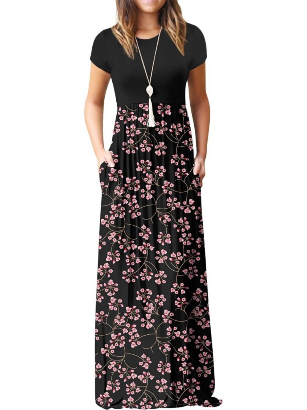 Summer Casual Maxi Dress for Women - Short Sleeve, Crew Neck, Pockets, S-3XL